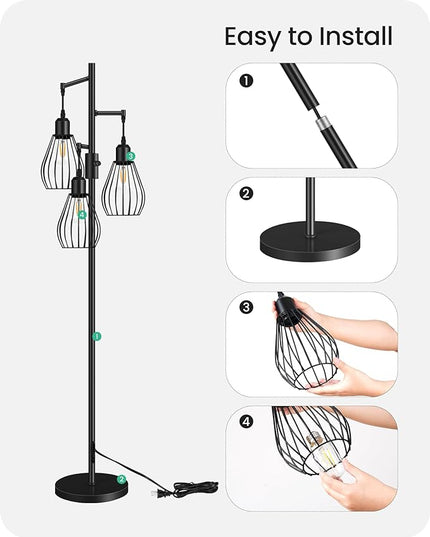 Farmhouse Dimmable Floor Lamp, Industrial Tall Standing Tree Lamp with 3 Elegant Teardrop Cage Heads, 4W 3 LED Bulbs Included, Rustic Standing Lamp for Living Room, Bedroom, Black B01LD05 - LeafyLoom