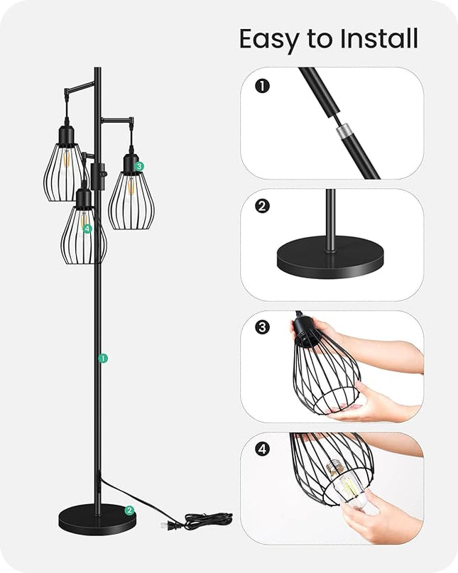 Farmhouse Dimmable Floor Lamp, Industrial Tall Standing Tree Lamp with 3 Elegant Teardrop Cage Heads, 4W 3 LED Bulbs Included, Rustic Standing Lamp for Living Room, Bedroom, Black B01LD05 - LeafyLoom