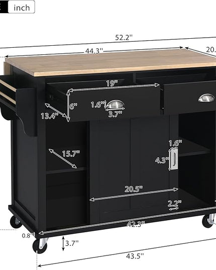 Kitchen Island with Storage, Rolling Table on Wheels w/Storage Cabinet and 2 Drawers for Dinning Room, Rubber Wood Contertop - LeafyLoom