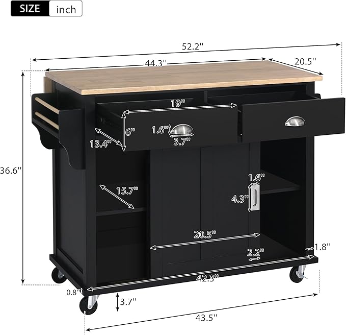 Kitchen Island with Storage, Rolling Table on Wheels w/Storage Cabinet and 2 Drawers for Dinning Room, Rubber Wood Contertop - LeafyLoom