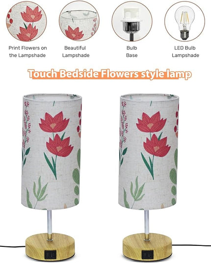Touch Control Desk Lamp with 2 USB Ports, 3-Way Dimmable Bedside Lamp for Bedroom, Nightstand Lamp with Round Flower Fabric Shade for Living Room, Home Office (White-double) - LeafyLoom