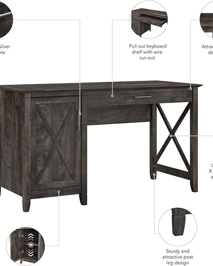 Bush Furniture Key West 54-Inch Computer Desk with Keyboard Tray and Storage, Dark Gray Hickory (KWD154GH-03) - LeafyLoom