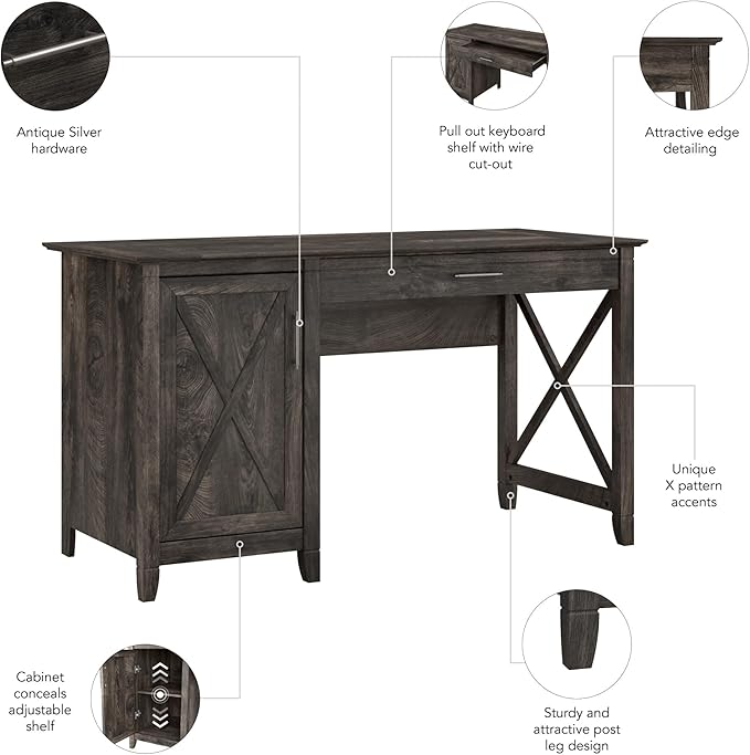 Bush Furniture Key West 54-Inch Computer Desk with Keyboard Tray and Storage, Dark Gray Hickory (KWD154GH-03) - LeafyLoom