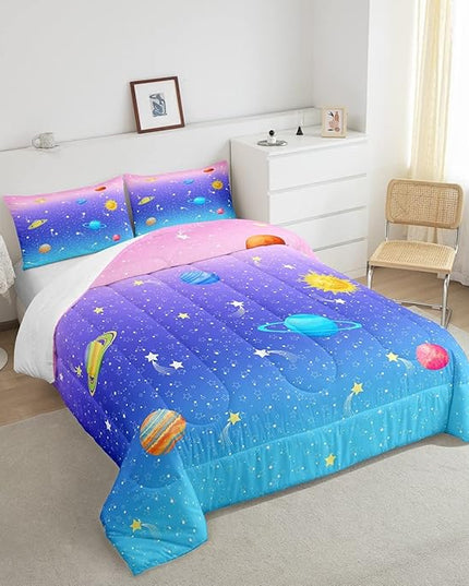 Erosebridal Cute Galaxy Comforter Set King for Boys Girls Kids Stars Planet Space Bedding Set Kawaii Rainbow Pastel Bedding Comforter Sets Pink Blue Purple Ombre Cartoon Quilt Duvet 2 Pillow Cases - LeafyLoom