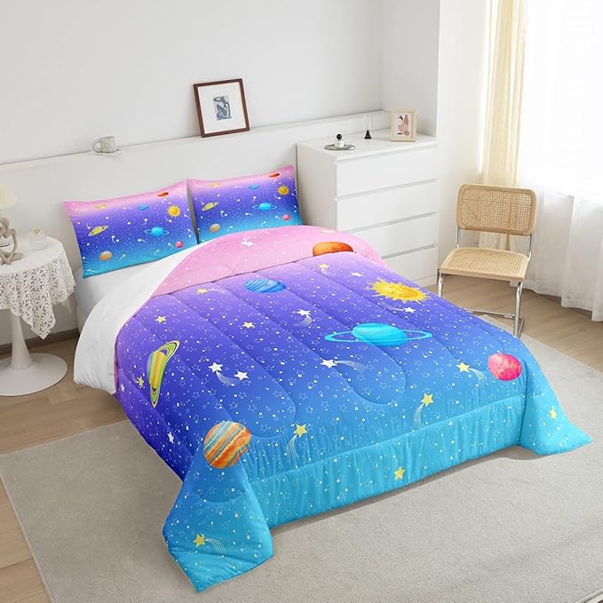 Erosebridal Cute Galaxy Comforter Set King for Boys Girls Kids Stars Planet Space Bedding Set Kawaii Rainbow Pastel Bedding Comforter Sets Pink Blue Purple Ombre Cartoon Quilt Duvet 2 Pillow Cases - LeafyLoom