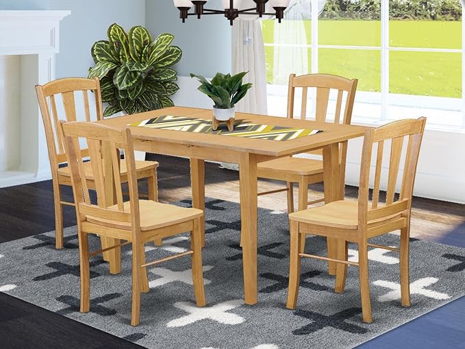 East West Furniture NODL5-OAK-W Norfolk 5 Piece Dinette Set for 4 Includes a Rectangle Room Table with Butterfly Leaf and 4 Kitchen Dining Chairs, 32x54 Inch - LeafyLoom