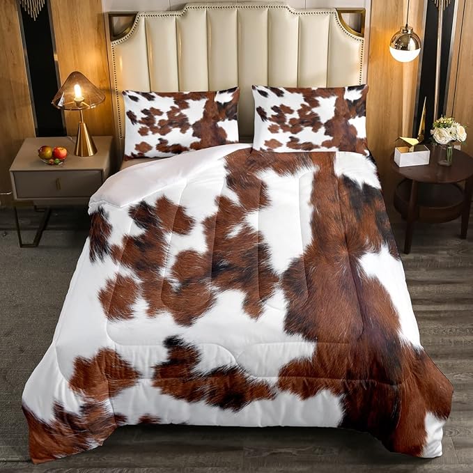 Erosebridal Cowhide Comforter Set for Kids Boys, Cute Brown White Cow Bedding Set Twin Size, Farm Animal Skin Down Comforter Western Cowboy Country Duvet Sets Farmhouse Decoration - LeafyLoom
