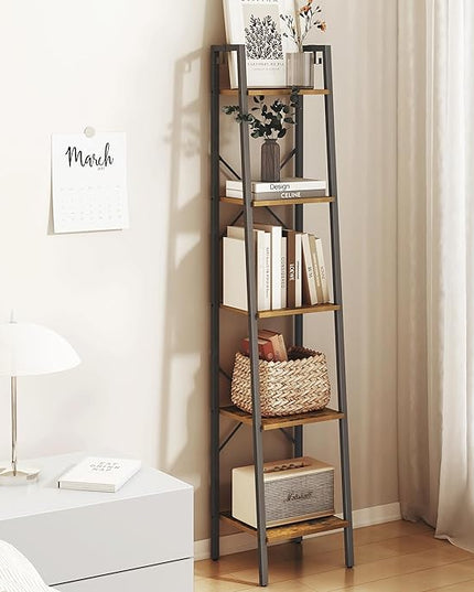 Ladder Shelf, Bookshelf Bookcase, Freestanding Corner Storage Shelve with 2 Hooks for Home Office, Living Room, Kitchen, Bedroom, Industrial, 5-Tier Rustic Brown BC03201B - LeafyLoom
