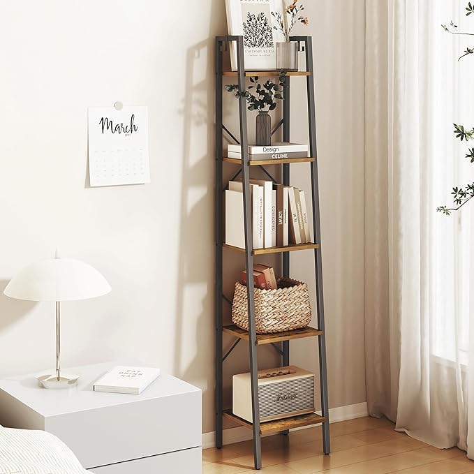 Ladder Shelf, Bookshelf Bookcase, Freestanding Corner Storage Shelve with 2 Hooks for Home Office, Living Room, Kitchen, Bedroom, Industrial, 5-Tier Rustic Brown BC03201B - LeafyLoom