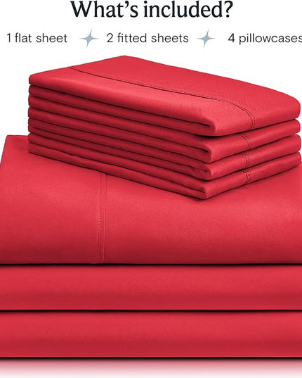 LuxClub 7 PC Split King Sheet Set, Breathable Luxury Bed Sheets, Deep Pockets 18" Eco Friendly Wrinkle Free Cooling Sheets Machine Washable Hotel Bedding Silky Soft - Red Split King - LeafyLoom