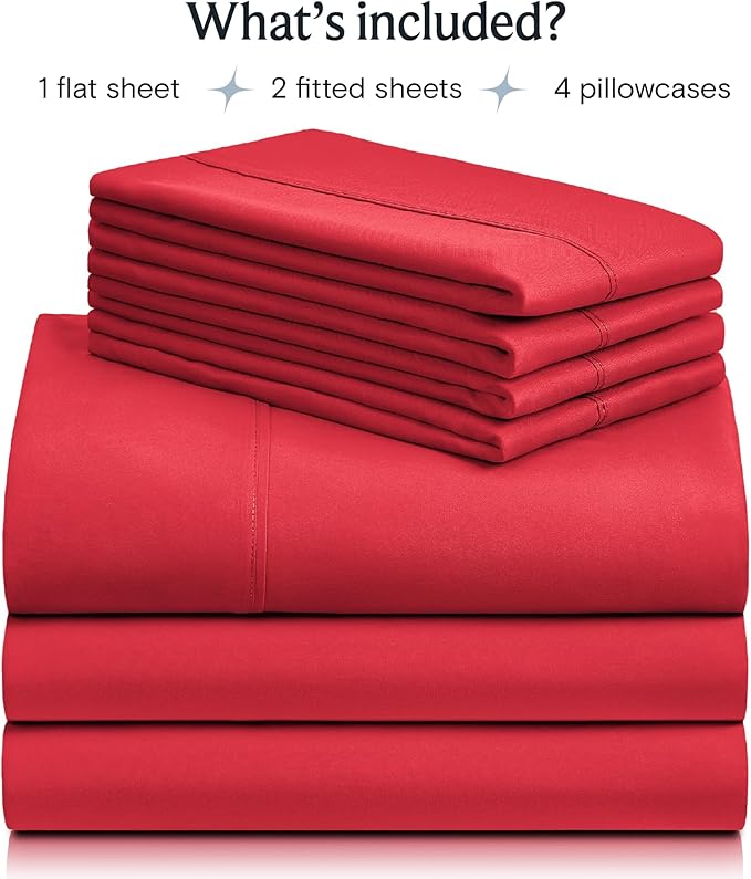 LuxClub 7 PC Split King Sheet Set, Breathable Luxury Bed Sheets, Deep Pockets 18" Eco Friendly Wrinkle Free Cooling Sheets Machine Washable Hotel Bedding Silky Soft - Red Split King - LeafyLoom