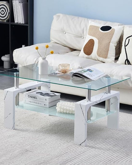 Living Room Rectangle Coffee Table, Tea Table Suitable for Waiting Room, Modern Side Coffee Table with Wooden Leg, Glass Tabletop with Lower Shelf, Marble - LeafyLoom