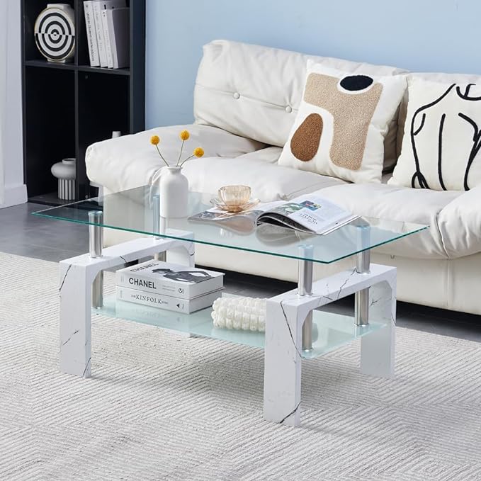 Living Room Rectangle Coffee Table, Tea Table Suitable for Waiting Room, Modern Side Coffee Table with Wooden Leg, Glass Tabletop with Lower Shelf, Marble - LeafyLoom