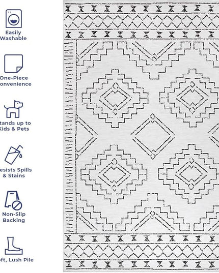 nuLOOM Noa Machine Washable Tribal Moroccan Ultra Thin Area Rug, 8x10, White - LeafyLoom