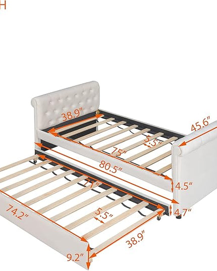Twin Size Daybed with Trundle,Upholstered Sofa Bed W/Button & Nailhead Tufted Design Curved Armrests,Wood Slats Support,Bedframe for Bedroom Livingroom Small Space,No Box Spring Needed,Beige - LeafyLoom