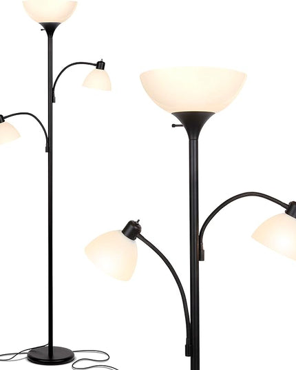 Brightech Sky Dome Double LED Floor lamp, Torchiere Super Bright Floor Lamp with 2 Reading Lamps for Living Rooms & Offices - Dimmable Tall Standing Lamp for Bedroom Reading - Tall Black Pole - LeafyLoom