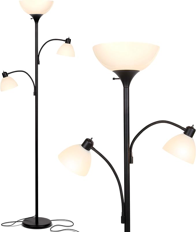 Brightech Sky Dome Double LED Floor lamp, Torchiere Super Bright Floor Lamp with 2 Reading Lamps for Living Rooms & Offices - Dimmable Tall Standing Lamp for Bedroom Reading - Tall Black Pole - LeafyLoom