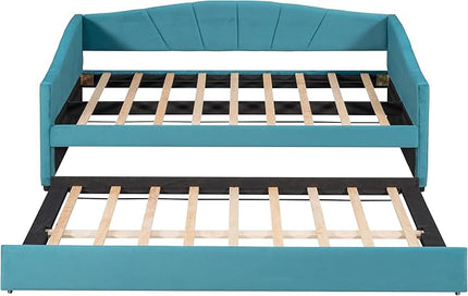 Twin Size Upholstered Daybed with Trundle, Wood Slat Support Sofa Bed with Armrest, No Box Spring Needed, Easy to Assemble, for Studio, Bedroom, Living, Guest Room, Blue - LeafyLoom