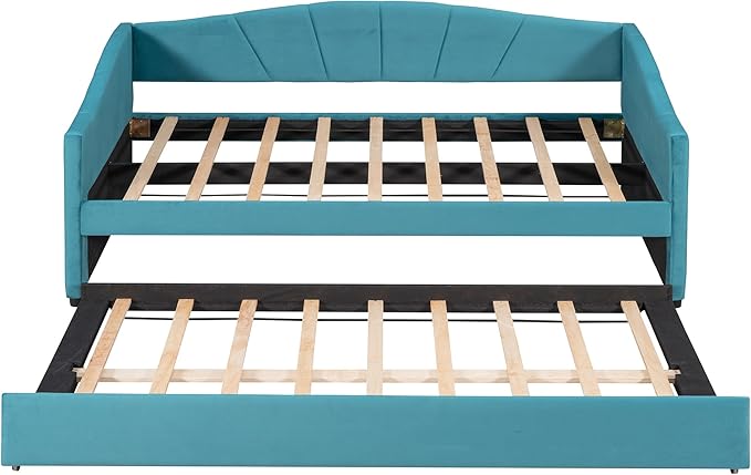 Twin Size Upholstered Daybed with Trundle, Wood Slat Support Sofa Bed with Armrest, No Box Spring Needed, Easy to Assemble, for Studio, Bedroom, Living, Guest Room, Blue - LeafyLoom