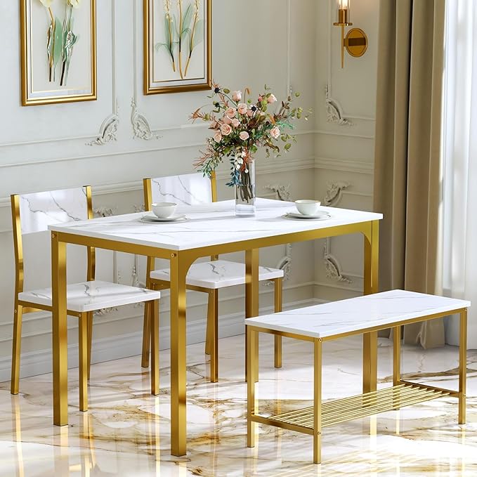 sogesfurniture 4 Piece Dining Table Set, Dining Room Set, Kitchen Dinner Table with Benches for 4, includes Table, 2 Chairs & Bench, White Gold - LeafyLoom