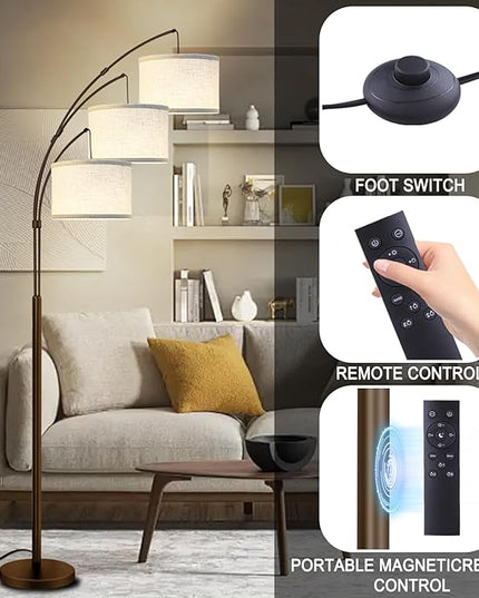 Arc Floor Lamp for Living Room with Remote Control, Dimmable Modern Mid Century 3 Lights Arched Tall Floor Lamp, Adjustable Standing Corner Lamp for Living Room Bedroom Office, Beige Lampshad (Brown) - LeafyLoom