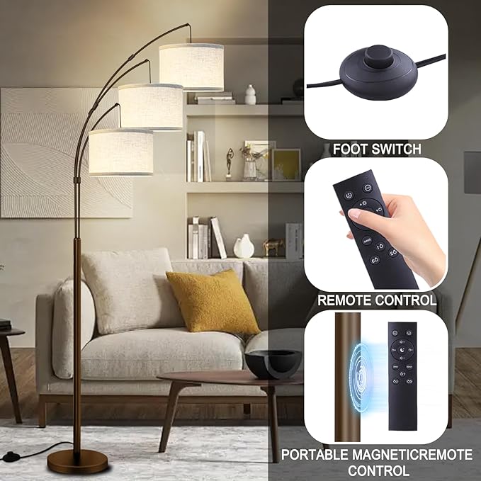 Arc Floor Lamp for Living Room with Remote Control, Dimmable Modern Mid Century 3 Lights Arched Tall Floor Lamp, Adjustable Standing Corner Lamp for Living Room Bedroom Office, Beige Lampshad (Brown) - LeafyLoom