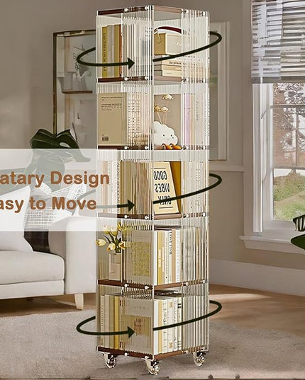 5-Tier Acrylic Book Shelf with Wheels, Mobile Tall Bookcase, Modern Unique Bookshelf Tower, Visible Display Shelf, 360° Rotating Bookshelf Organizer for Home Office Living Room, Walnut - LeafyLoom