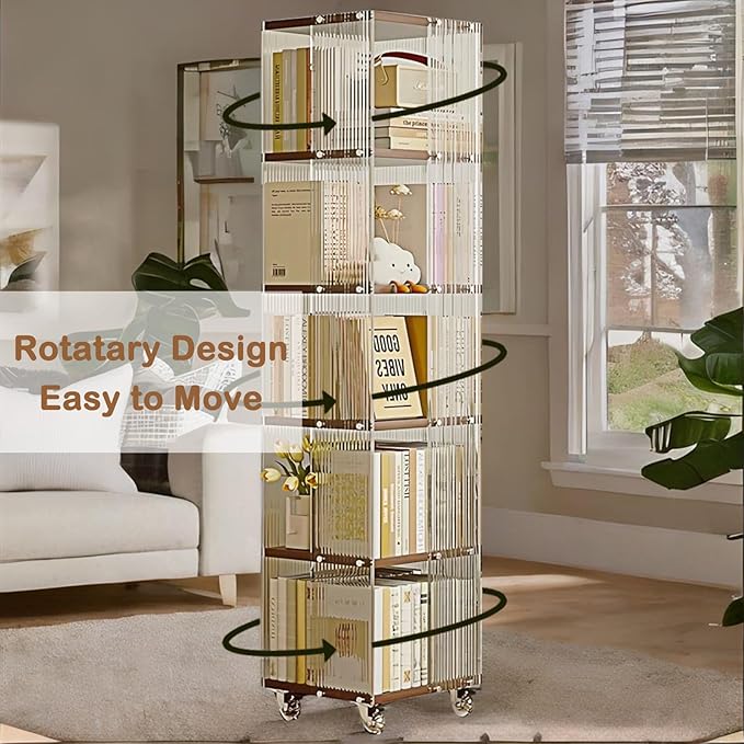 5-Tier Acrylic Book Shelf with Wheels, Mobile Tall Bookcase, Modern Unique Bookshelf Tower, Visible Display Shelf, 360° Rotating Bookshelf Organizer for Home Office Living Room, Walnut - LeafyLoom