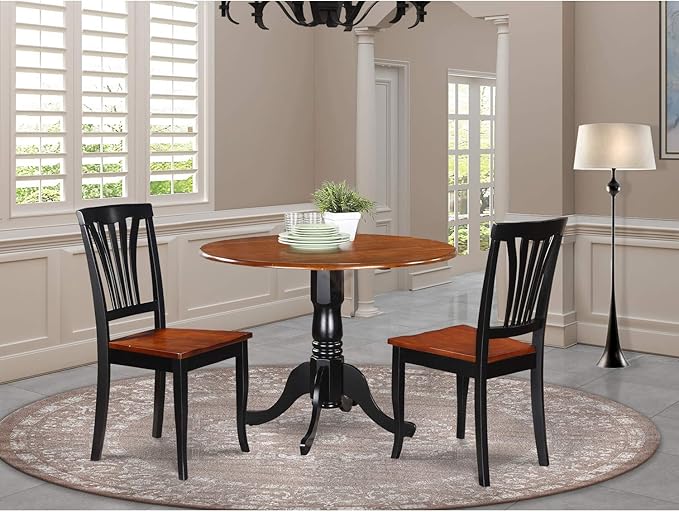 East West Furniture DLAV3-BCH-LC 3 Piece Modern Dining Table Set Contains a Round Wooden Table with Dropleaf and 2 Faux Leather Kitchen Dining Chairs, 42x42 Inch, Black & Cherry - LeafyLoom