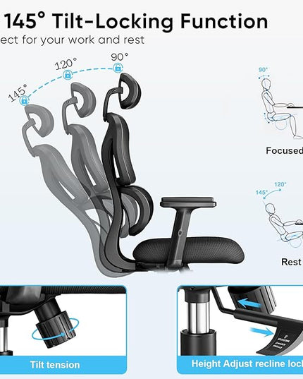 Sytas Ergonomic Office Chair, High Back Mesh Desk Chair with Lumbar Support and Adjustable Headrest, Executive Swivel Computer Chair for Home Office, Tilt Function, Black - LeafyLoom