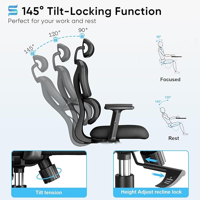 Sytas Ergonomic Office Chair, High Back Mesh Desk Chair with Lumbar Support and Adjustable Headrest, Executive Swivel Computer Chair for Home Office, Tilt Function, Black - LeafyLoom