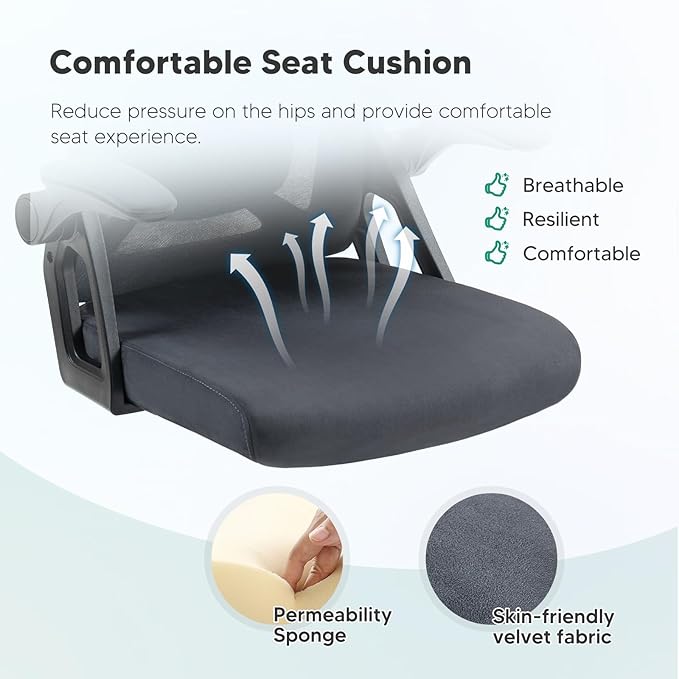 SEATZONE Dark Gray Office Chair, Ergonomic Desk Chair with Adjustable Headrest,Lumbar Support, High Back Mesh Computer Chair with Wheels and Flip-up Armrests Task Chairs, Executive Chairs - LeafyLoom