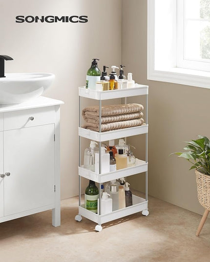 SONGMICS Slim Storage Cart, 4-Tier Rolling Cart, Narrow Utility Cart on Wheels, 6 Hooks, 360° Swivel Wheels, Lockable, Steel Frame, Bathroom, Kitchen, Office, Cloud White UKSC10WT - LeafyLoom