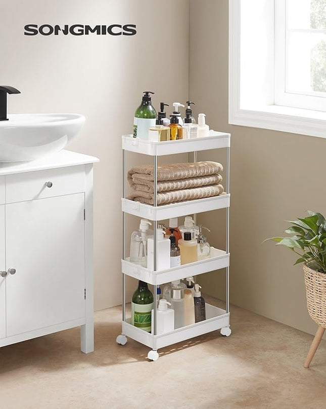 SONGMICS Slim Storage Cart, 4-Tier Rolling Cart, Narrow Utility Cart on Wheels, 6 Hooks, 360° Swivel Wheels, Lockable, Steel Frame, Bathroom, Kitchen, Office, Cloud White UKSC10WT - LeafyLoom