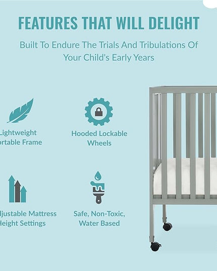 Quinn Full-Size Folding Crib in Cool Grey, Removeable Wheels, Modern Nursey, Adjustable Mattress Support, Portable Crib, Patented Folding System - LeafyLoom