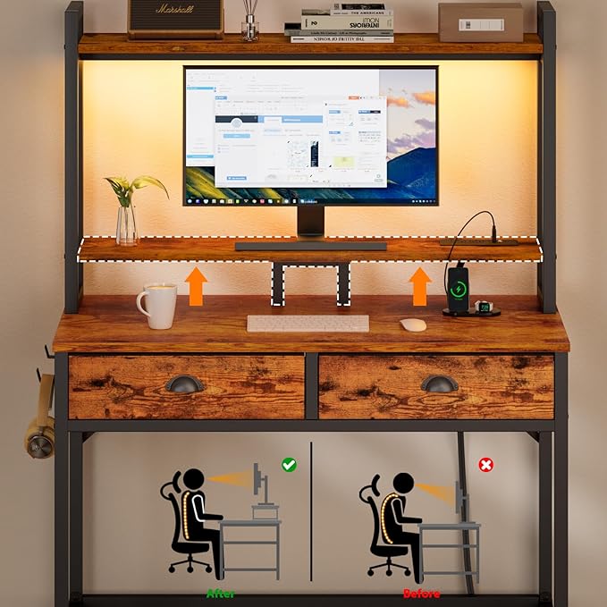 Furologee Small Computer Desk with Power Outlet and 2 Fabric Drawers, Gaming Desk with Light, Home Office Desk with Monitor Stand and Hutch for Small Space Working, Study Table with Shelf Rustic Brown - LeafyLoom