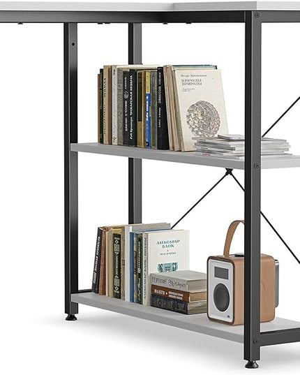CubiCubi L Shaped Desk, 55 Inch Computer Desk with Reversible Storage Shelves Home Office Corner Desk Study Writing Table, White Top/Black Leg - LeafyLoom