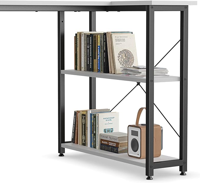 CubiCubi L Shaped Desk, 55 Inch Computer Desk with Reversible Storage Shelves Home Office Corner Desk Study Writing Table, White Top/Black Leg - LeafyLoom