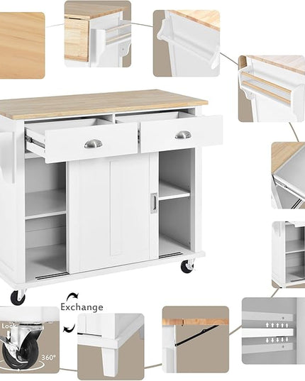 Kitchen Cart with Rubber Wood Drop-Leaf Countertop and Sliding Barn Door, Rolling Mobile Kitchens Island on Wheels w/Storage and Towel Rack for Dining Room Kitchen - LeafyLoom