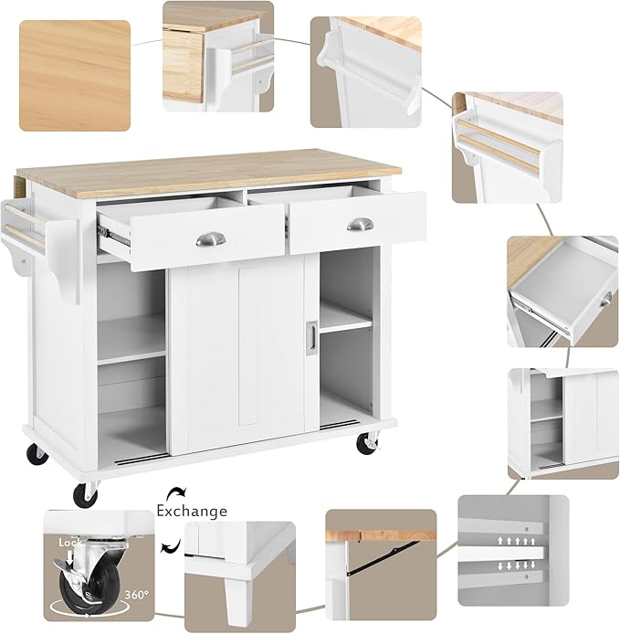 Kitchen Cart with Rubber Wood Drop-Leaf Countertop and Sliding Barn Door, Rolling Mobile Kitchens Island on Wheels w/Storage and Towel Rack for Dining Room Kitchen - LeafyLoom