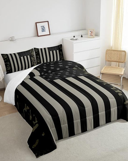 American Flag Comforter Set Full Military Camo Down Comforter,Retro Army Green Camouflage USA Flag Bedding Set For Kids Boys Teens Men Bedroom,Black Grey Stars Stripes Quilt Duvet Set 2 Pillow Cases - LeafyLoom