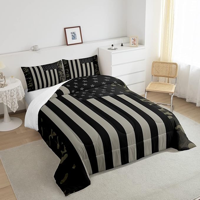 American Flag Comforter Set Full Military Camo Down Comforter,Retro Army Green Camouflage USA Flag Bedding Set For Kids Boys Teens Men Bedroom,Black Grey Stars Stripes Quilt Duvet Set 2 Pillow Cases - LeafyLoom