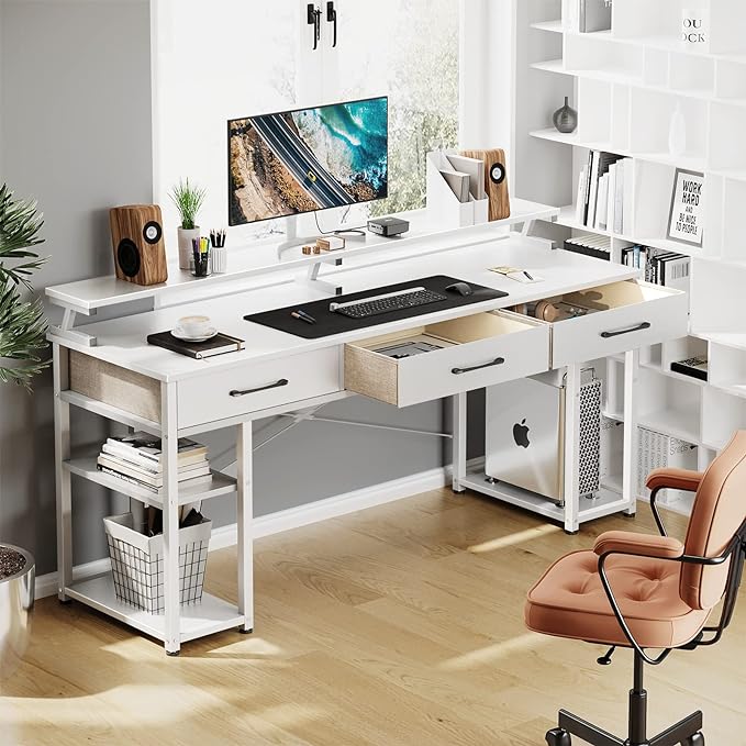 ODK Computer Desk with Drawers and Storage Shelves, 63 inch Home Office Desk with Monitor Stand, Modern Work Study Writing Table Desk for Small Spaces, White + White leg - LeafyLoom