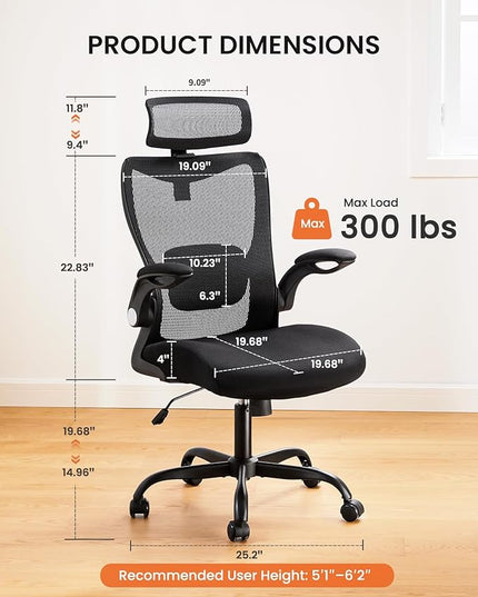 ErGear Ergonomic Desk Chair, Home Office Desk Chairs with Adjustable Headrest and Lumbar Support, Mesh Office Chair with Flip-Up Armrestst, Swivel Task Chair for Home Office, Black - LeafyLoom