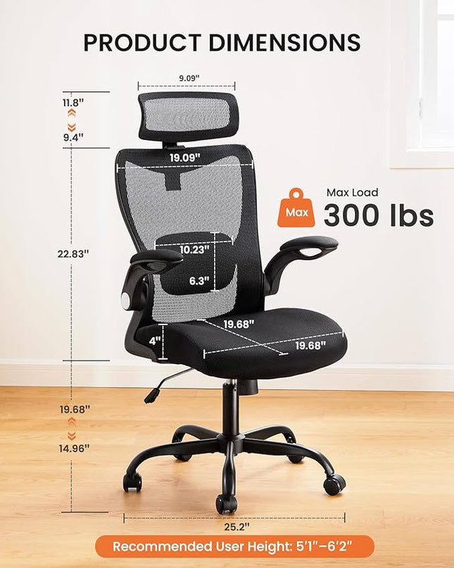 ErGear Ergonomic Desk Chair, Home Office Desk Chairs with Adjustable Headrest and Lumbar Support, Mesh Office Chair with Flip-Up Armrestst, Swivel Task Chair for Home Office, Black - LeafyLoom