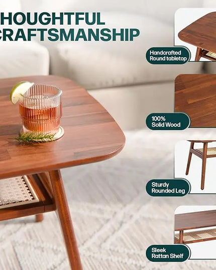 Bme Nancy Solid Acacia Wood Coffee Table for Living Room, Spacious Oval-Shaped 237 Lbs Top Capacity, Rattan Shelf below, Mid Century, Rustic and Modern Style Living Room Furniture, Dark Chocolate - LeafyLoom