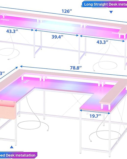 U Shaped Computer Gaming Desk, Reversible L Shaped Desk with Power Outlets, LED Strip & Monitor Stand, Large Corner Desk with Storage Shelves for Home Office,Deep Pink - LeafyLoom