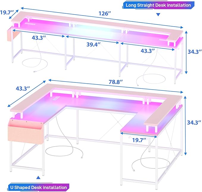 U Shaped Computer Gaming Desk, Reversible L Shaped Desk with Power Outlets, LED Strip & Monitor Stand, Large Corner Desk with Storage Shelves for Home Office,Deep Pink - LeafyLoom