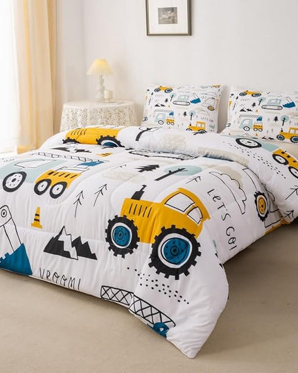 Feelyou Cartoon Car Kids Comforter Set Construction Bedding Set Decor Equipment Trucks Comforter Cartoon Car Excavator Tractor White Yellow Duvet Set Bedroom Quilt Set 3Pcs Queen - LeafyLoom