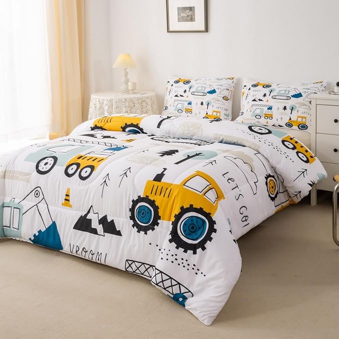 Feelyou Cartoon Car Kids Comforter Set Construction Bedding Set Decor Equipment Trucks Comforter Cartoon Car Excavator Tractor White Yellow Duvet Set Bedroom Quilt Set 3Pcs Queen - LeafyLoom